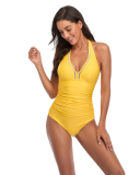 Women Solid Color V-Neck One-piece Swimsuit Pink Red Wine Red Black Yellow S-2XL