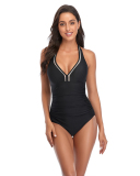Women Solid Color V-Neck One-piece Swimsuit Pink Red Wine Red Black Yellow S-2XL
