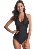 Women's Halter V Neck Ruched Florals Solid Color Fashion One-piece Swimsuit S-XL