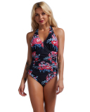 Women's Halter V Neck Ruched Florals Solid Color Fashion One-piece Swimsuit S-XL
