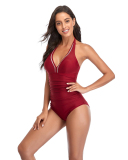 Women Solid Color V-Neck One-piece Swimsuit Pink Red Wine Red Black Yellow S-2XL