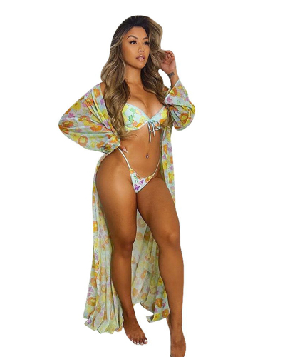 Beach Style Summer Bikini Set 3 Piece Set Women Maxi Cardigan Cover Up Flower Floral Printed Bathing Suit Swimwear Swimsuit Sexy