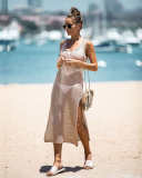 Lady Solid Color V Neck High Slit Midi Dress Beach Cover Ups Apricot S-XL
