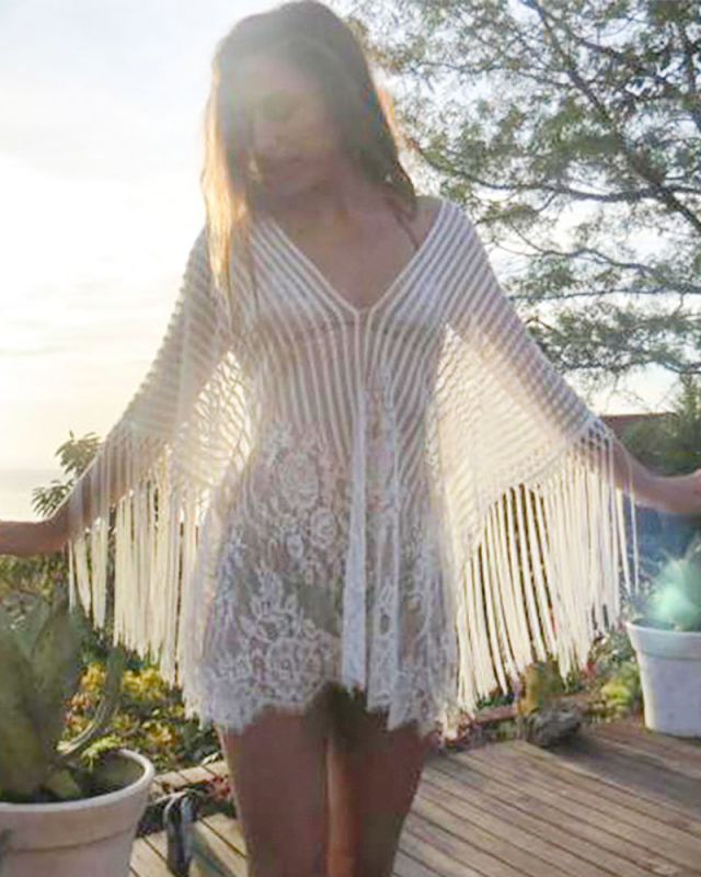 Hot Sale Women Sexy Solid Color Tassel Chiffon Beach Wear Bikini Cover Up Black White One Size