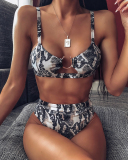 Women Snakeskin Print Swimsuit High Cut Bikini Set Straps Two Piece Bathing Suit