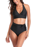 Women's Solid Color High Waist Two-piece Swimsuit Yellow Red Royal Blue Black S-2XL