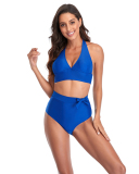 Women's Solid Color High Waist Two-piece Swimsuit Yellow Red Royal Blue Black S-2XL