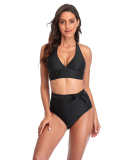 Women's Solid Color High Waist Two-piece Swimsuit Yellow Red Royal Blue Black S-2XL