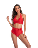 Women's Solid Color High Waist Two-piece Swimsuit Yellow Red Royal Blue Black S-2XL
