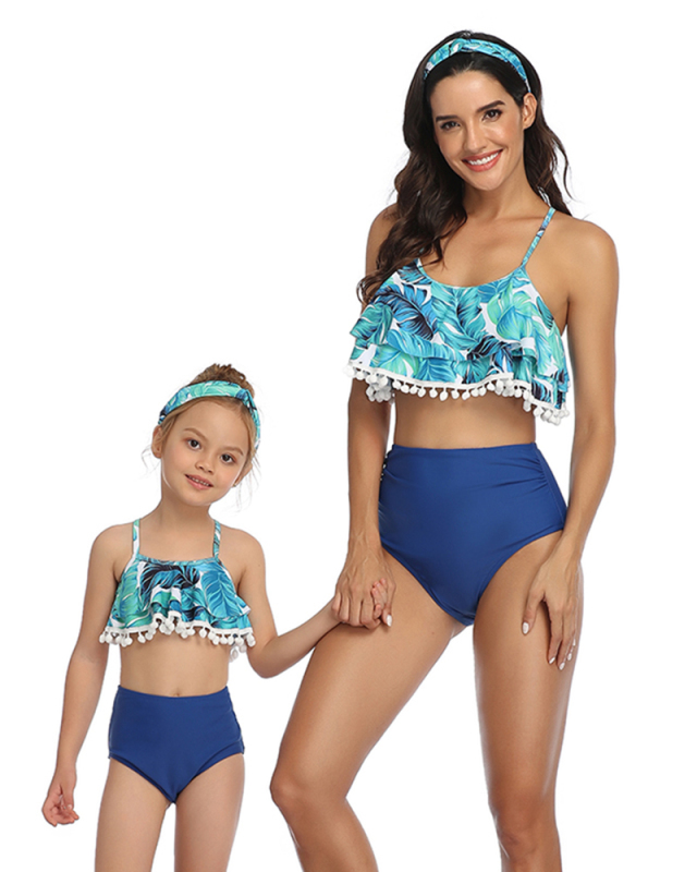 New Design Beauty Floral Ruffle Strap Mom&Child Swimsuit S-XL