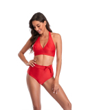 Women's Solid Color High Waist Two-piece Swimsuit Yellow Red Royal Blue Black S-2XL