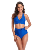 Women's Solid Color High Waist Two-piece Swimsuit Yellow Red Royal Blue Black S-2XL