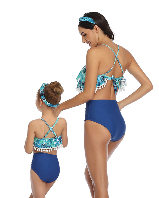 New Design Beauty Floral Ruffle Strap Mom&Child Swimsuit S-XL