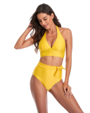 Women's Solid Color High Waist Two-piece Swimsuit Yellow Red Royal Blue Black S-2XL
