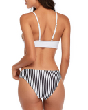 Women Solid Color V-Neck Tops Stripe Pants Two-piece Swimsuit White Black Red Yellow S-L