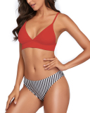 Women Solid Color V-Neck Tops Stripe Pants Two-piece Swimsuit White Black Red Yellow S-L