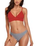 Women Solid Color V-Neck Tops Stripe Pants Two-piece Swimsuit White Black Red Yellow S-L