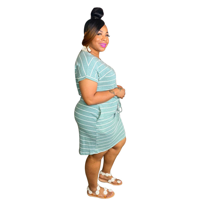 Women Short Sleeve Temperament Stripe Plus Size Dresses Blue Orange Yellow XL-5XL