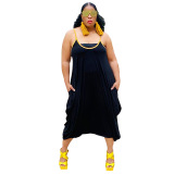 Sexy Solid Color Strap Loose Wide Leg Women Stylish Plus Size Jumpsuits Blue Black XL-5XL