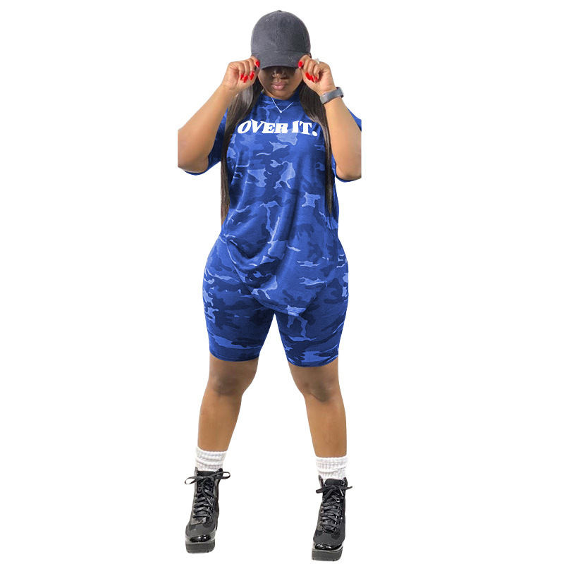 Women Camo Printed Fashion Plus Size Two Piece Sets Black Army Green Blue Wine Red Rosy Blue XL-5XL