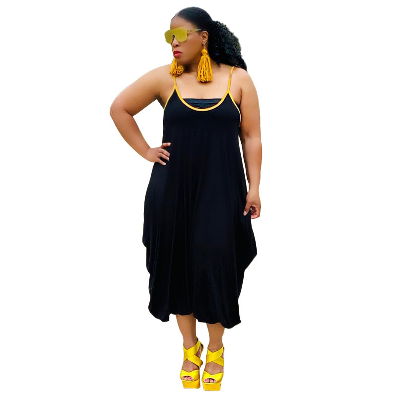 Sexy Solid Color Strap Loose Wide Leg Women Stylish Plus Size Jumpsuits Blue Black XL-5XL