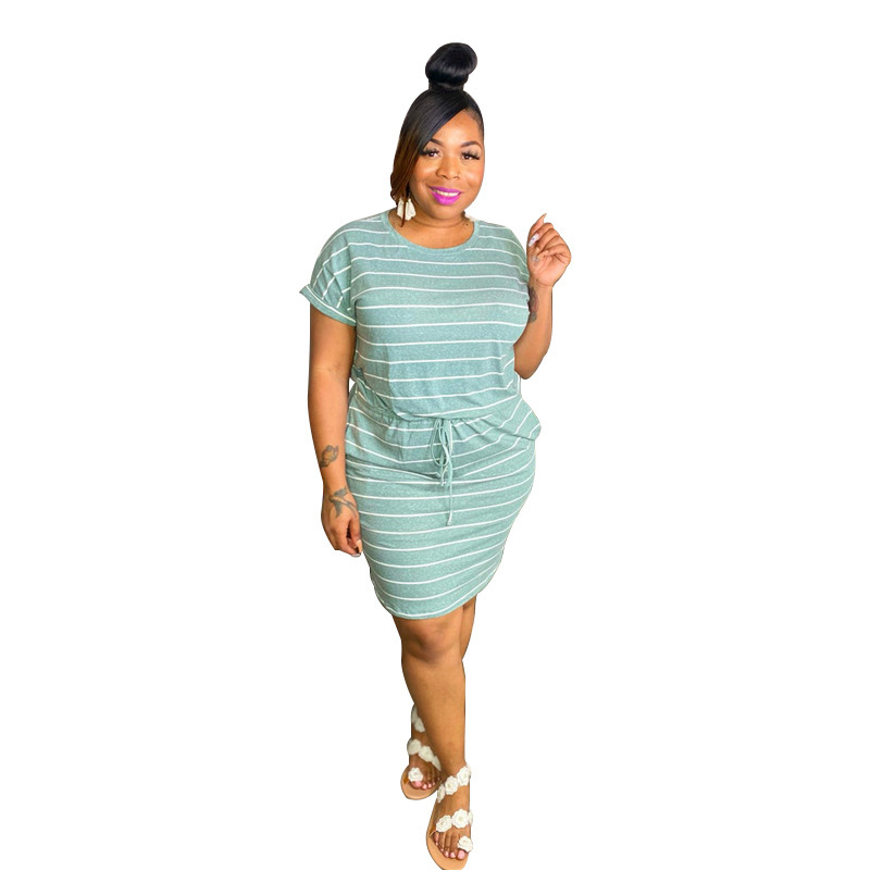 Women Short Sleeve Temperament Stripe Plus Size Dresses Blue Orange Yellow XL-5XL