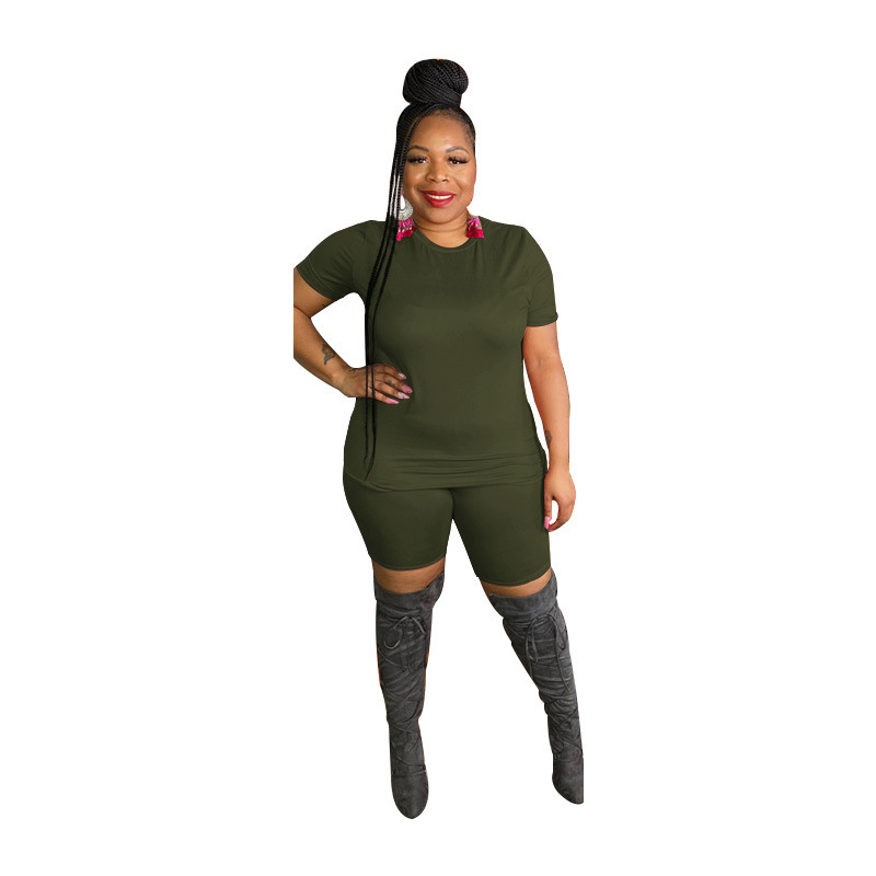 Solid Color Women Casual Short Sleeve Shorts Plus Size Two Piece Sets Black Blue Green Yellow Red Orange Army Green Rosy XL-2XL