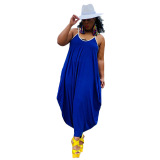 Sexy Solid Color Strap Loose Wide Leg Women Stylish Plus Size Jumpsuits Blue Black XL-5XL