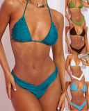 Swimsuit Women Large Size Bikini Ladies Swim Suit Swimwear Bathing New Euro Solid Color Pleated Soft Split Polyester