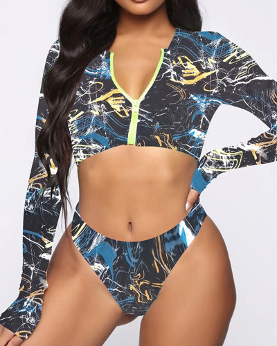 Plus Size Tie Dye Swimwear Women 2021 Sexy Zipper Bikini Set Long Sleeve Two Piece Swimsuit African Bathing Suit Brazilian S-5XL