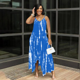 Dress With Strap Length Irregular Tie-dye Print Loose Size Dress