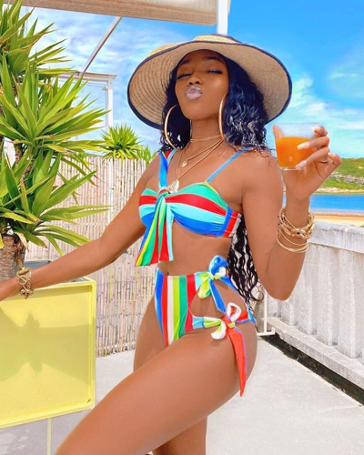 Swimsuit Women Beach Sexy Bikini Swimwear New Items Sexy Stripe Print Lace Up High Waist Polyester Sierra Surfer Swim