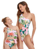 Newest Bow Slash Neck Parent & Child Bathing Suit One Piece Swimsuit (Mom&Daughter) Black Pink Red S-2XL 104-164