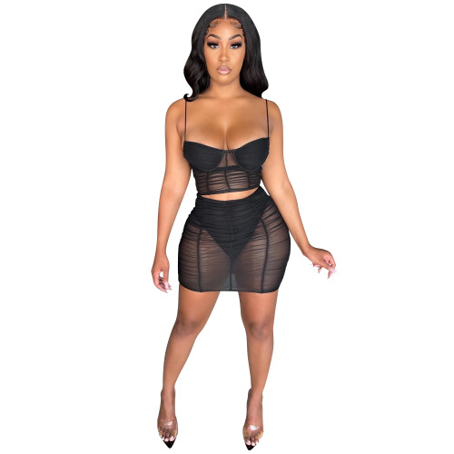 Mesh See Through Summer Hot Two Piece Skirt Set