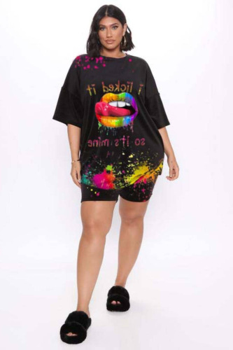 Women Black Lip Print Two Piece Set Short Sets Size L-4XL