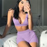 Lady Solid Color Plunge Deep V Two Piece Set S-XL