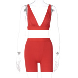 Lady Solid Color Plunge Deep V Two Piece Set S-XL