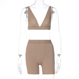Lady Solid Color Plunge Deep V Two Piece Set S-XL