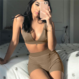 Lady Solid Color Plunge Deep V Two Piece Set S-XL