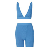 Lady Solid Color Plunge Deep V Two Piece Set S-XL