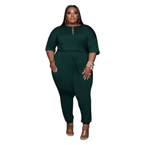Hot Sale Casual Wear Solid Color Loose Half Sleeve Women Plus Size Jumpsuit Black Grey Blue Navy Blue Deep Green XL-5XL
