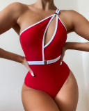 One Shoulder Women Solid Color One Piece Swimsuit S-L
