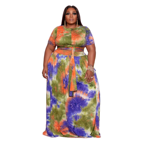Women Short Sleeve Tie Dye& Solid Color Show Waist Casual Wear Plus Size Two Piece Sets Black Purple Coffee Yellow XL-5XL 