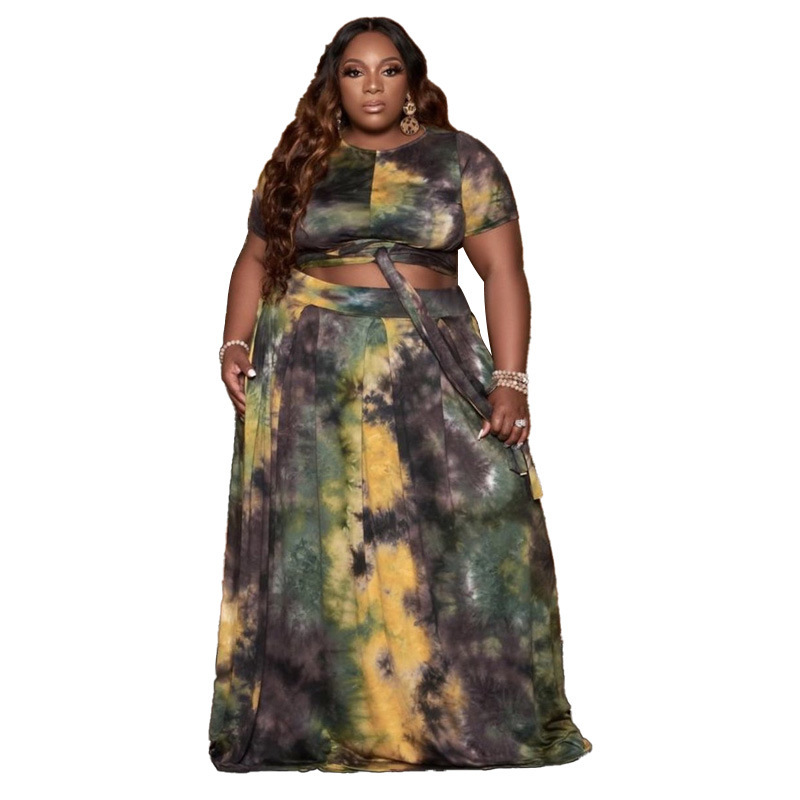 Women Short Sleeve Tie Dye& Solid Color Show Waist Casual Wear Plus Size Two Piece Sets Black Purple Coffee Yellow XL-5XL 