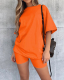 Short Sleeve Solid Color Loose Style Women Two Piece Casual Set S-L