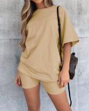 Short Sleeve Solid Color Loose Style Women Two Piece Casual Set S-L