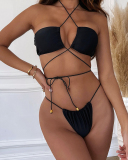 Women Cross Strappy Three Piece Swimwear Black S-L