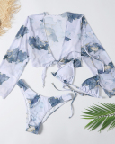 Lady Fashion Ink Painting Bikini with Blouse Three-piece Swimsuit S-L