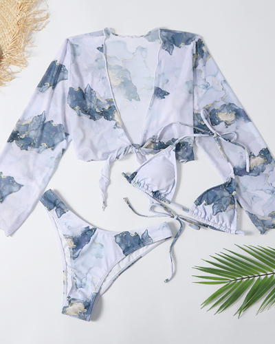 Lady Fashion Ink Painting Bikini with Blouse Three-piece Swimsuit S-L