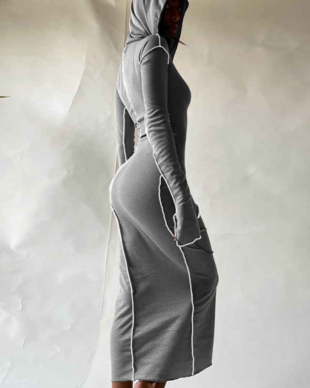Women Hooded Slim One Piece Dress White Khaki Red Gray Black S-3XL